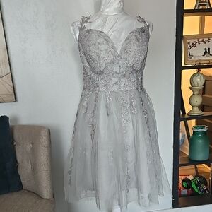 Lace Appliqué Mini Dress in Silver Gray